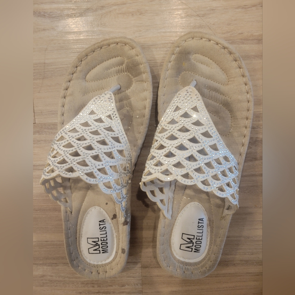 White Scalloped Laser-Cut Thong Sandals for Women